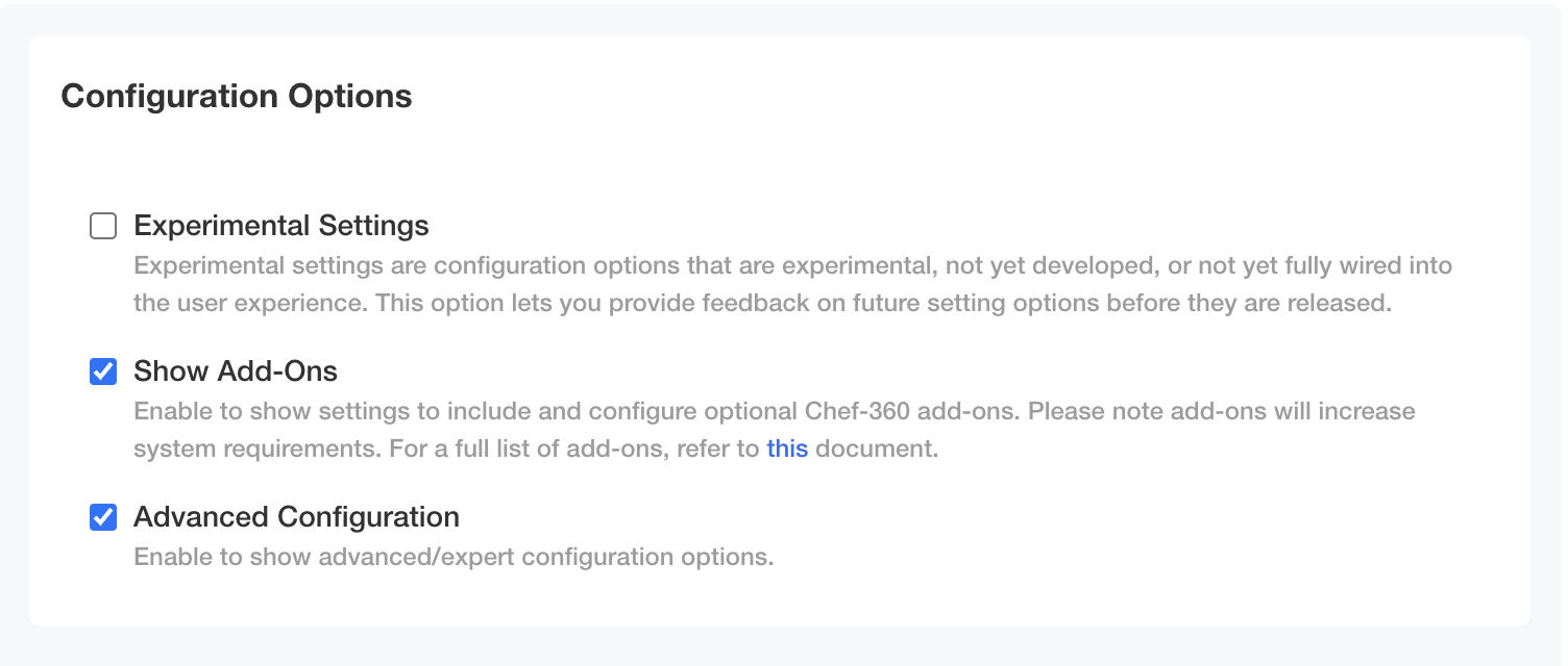 Configuration options dialog showing Experimental Settings, Show Add-Ons, and Advanced Configuration checkboxes.